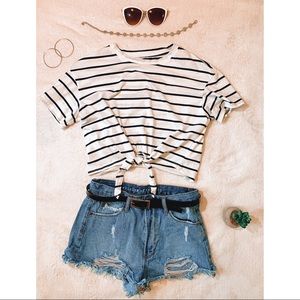 Black and White Striped Tie-Front Crop T-Shirt